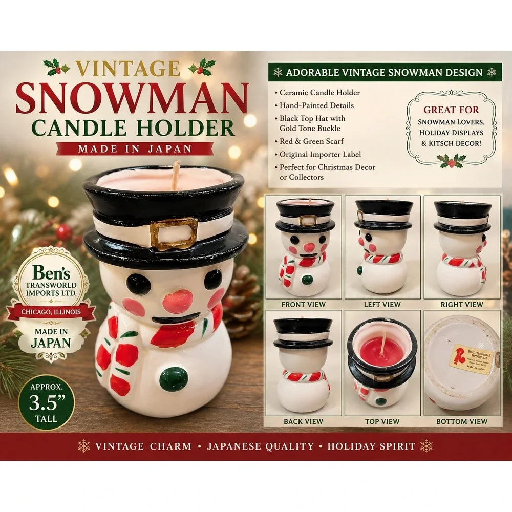 Vintage Ben's Transworld Imports Japan Ceramic Snowman Candle Holder Christmas